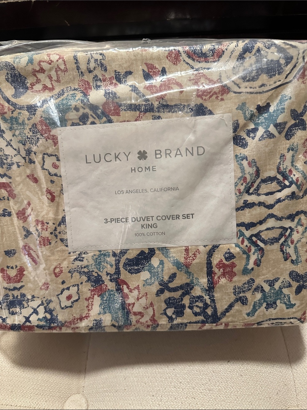 Lucky Brand King Duvet Cover Set in Cream, Blue & Red Accents